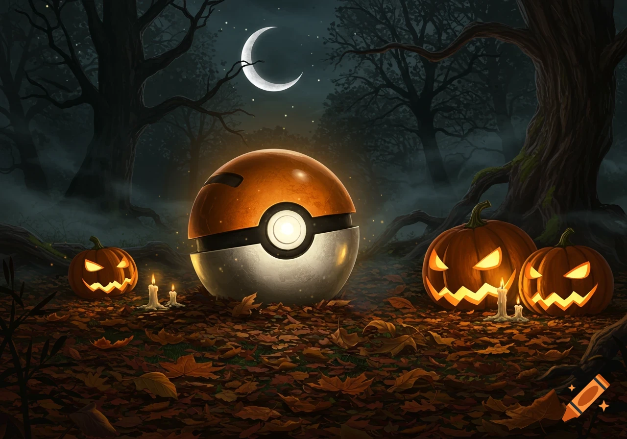 A large, glowing Pokeball sits on a bed of autumn leaves in a spooky forest, surrounded by lit jack-o'-lanterns and candles under a crescent moon.