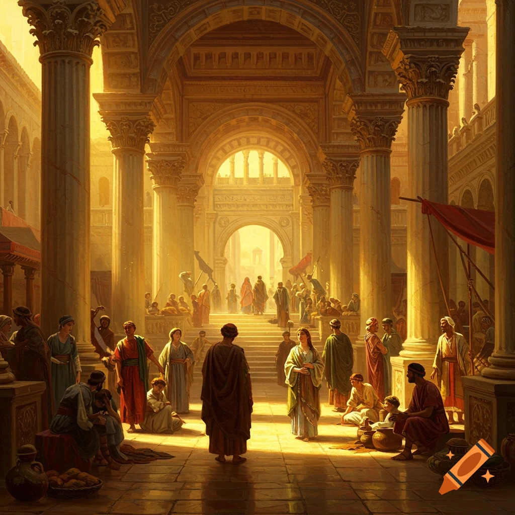 An epic historical oil painting in academic realism style, showing a crowded ancient marketplace with grand architecture and golden sunlight.