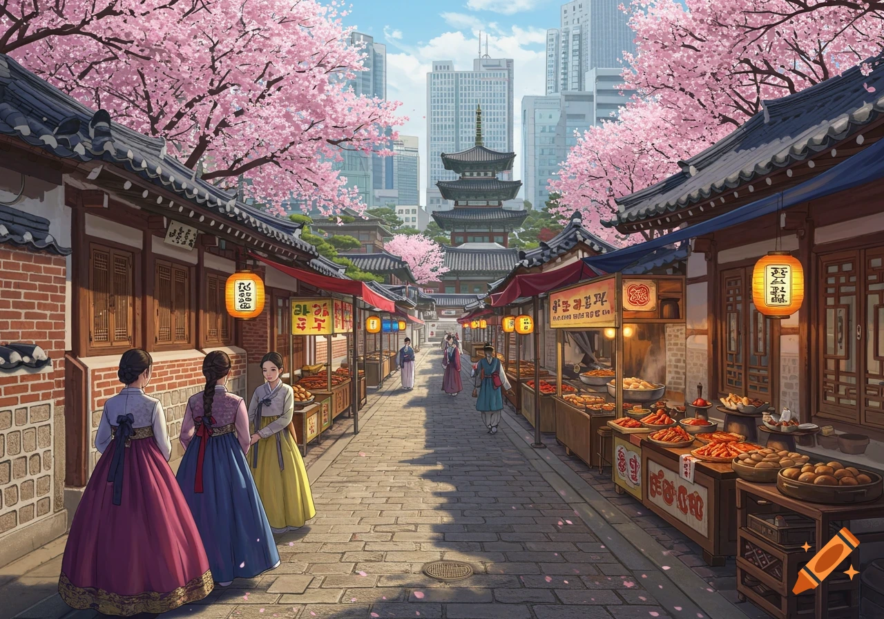 Bustling traditional Korean market scene with cherry blossoms, people in hanbok, and modern city buildings in the background, in an anime style.
