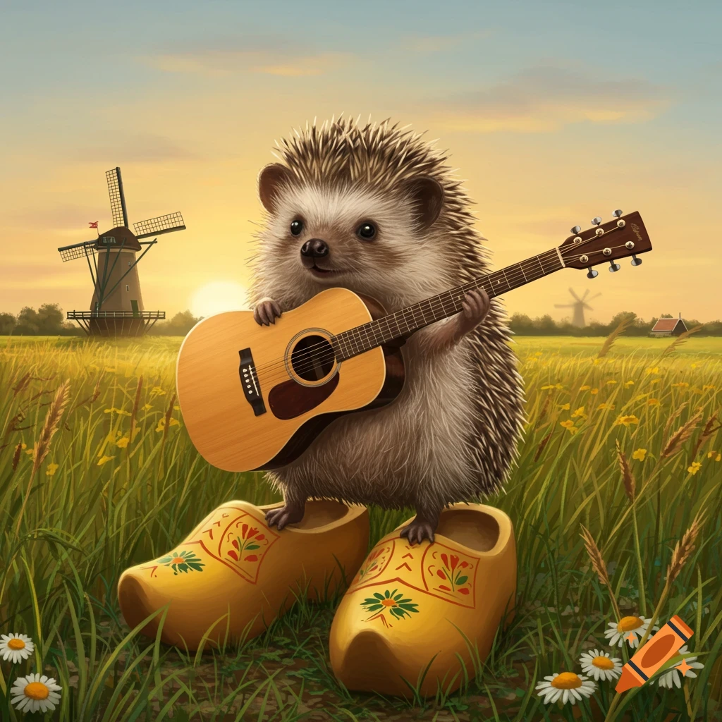 A cute hedgehog playing an acoustic guitar while standing on traditional wooden clogs in a sunset field with windmills.