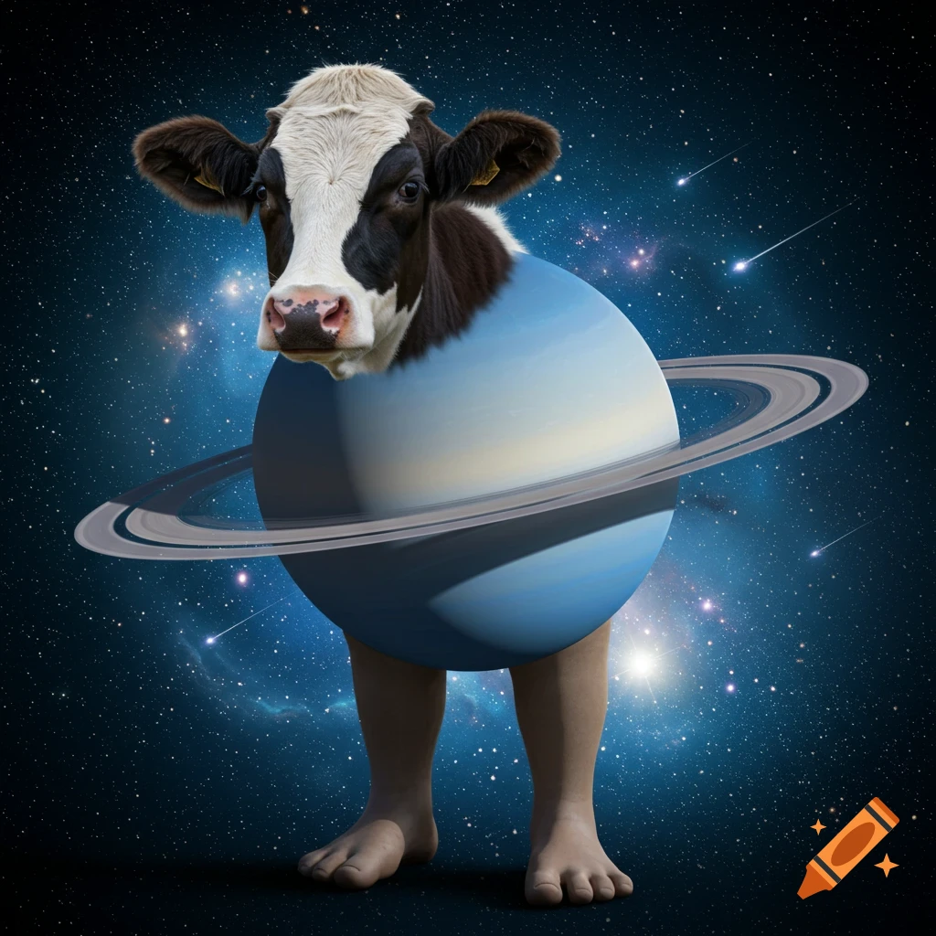 A cow's head is on a blue Saturn planet with rings, which has human feet, set against a backdrop of stars.