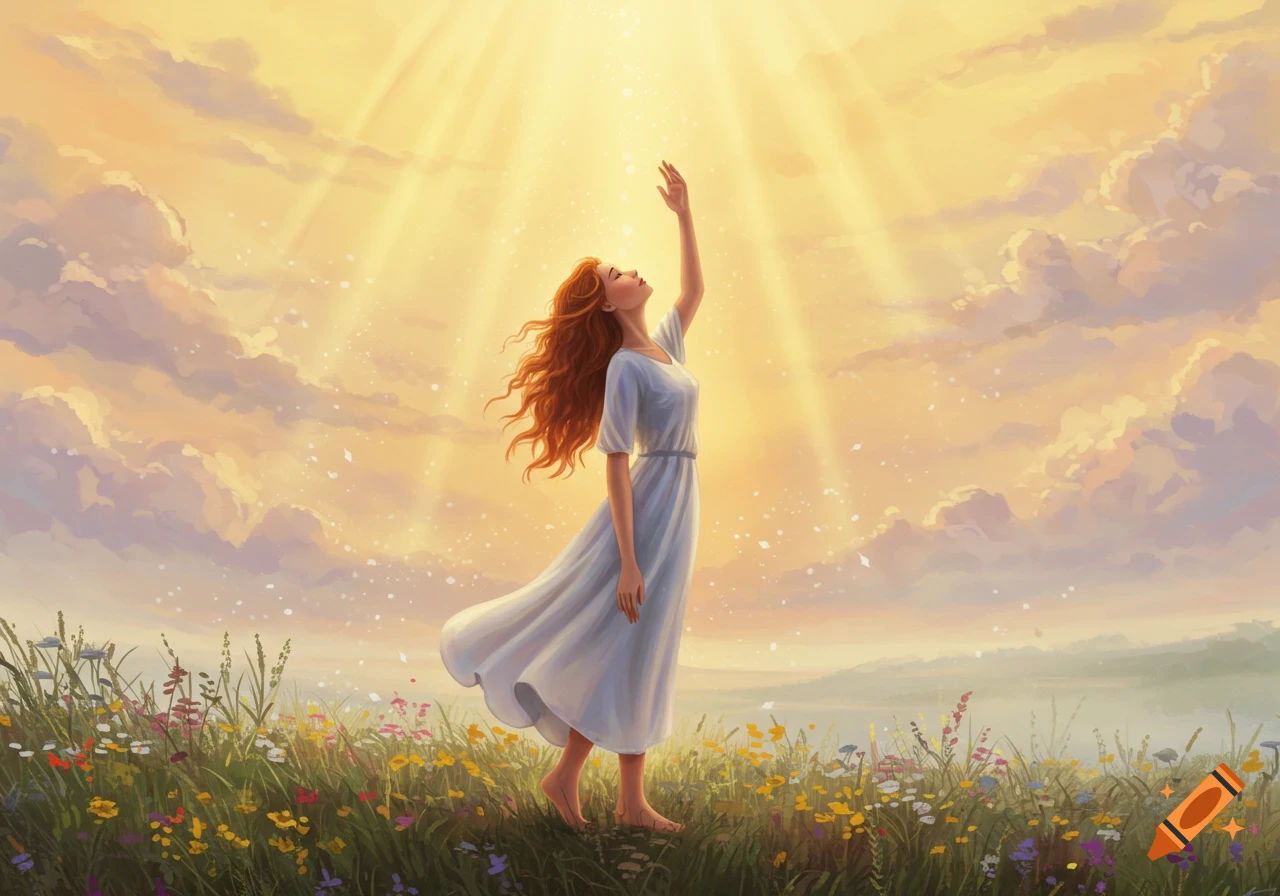A red-haired woman in a white dress stands in a wildflower field, reaching up towards golden light beams breaking through clouds in a serene, illustrated style.