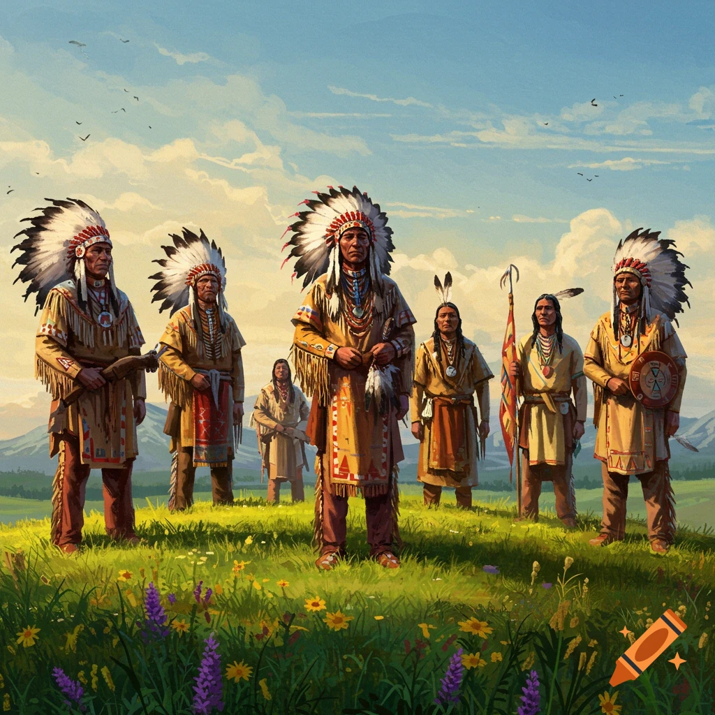 Seven Native American chiefs in traditional feathered headdresses and regalia stand in a vibrant green field.
