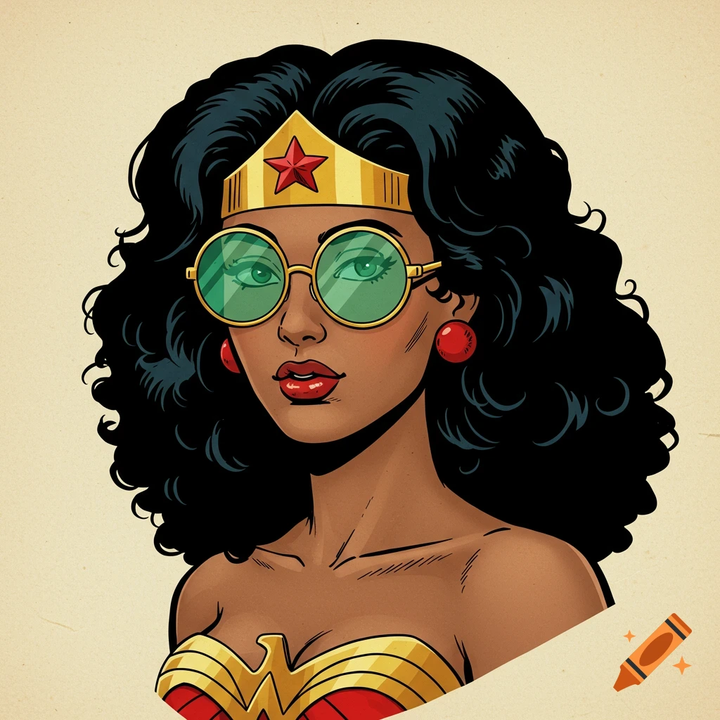 Retro cartoon illustration of Wonder Woman with curly black hair, green round sunglasses, and a golden star tiara.