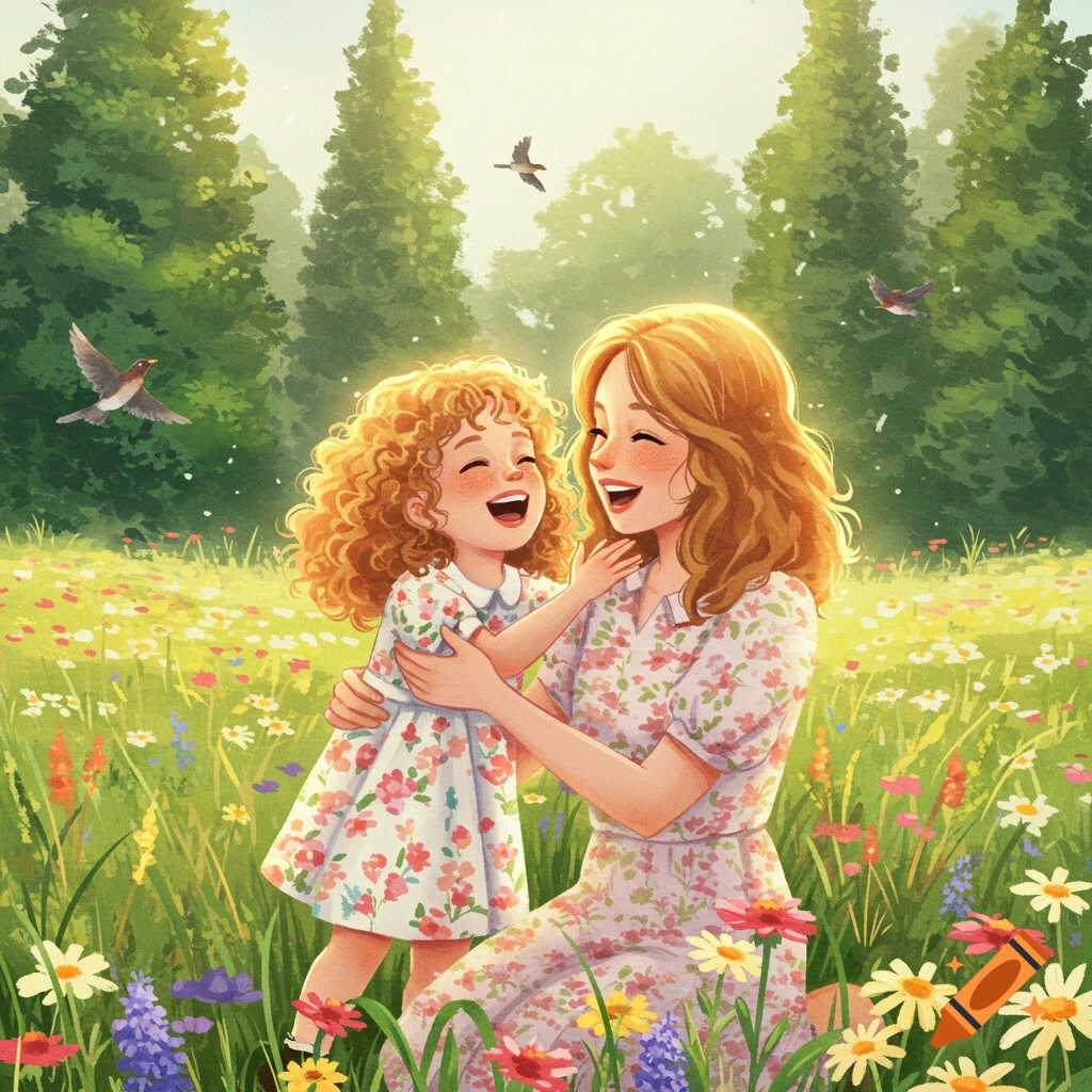A smiling mother and child embrace in a vibrant, sunlit field of wildflowers with trees in the background, in a storybook illustration style.
