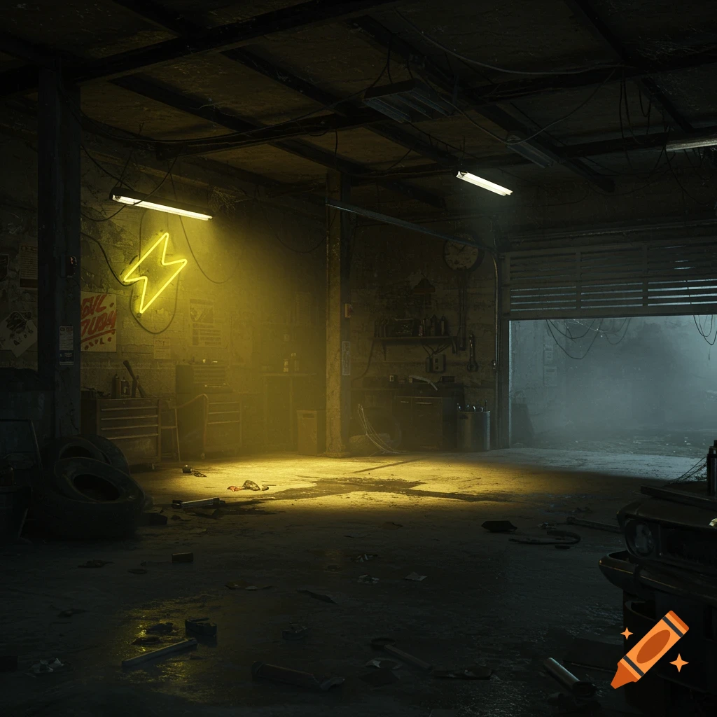 A dimly lit, grungy garage at night with a glowing yellow neon lightning bolt sign and scattered debris on the floor.