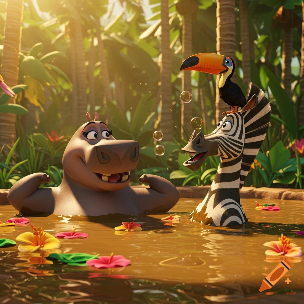 Gloria the hippo, Marty the zebra with a toucan on his head, relaxing in a mud pool with flowers and bubbles in a sunny jungle 3D animation.