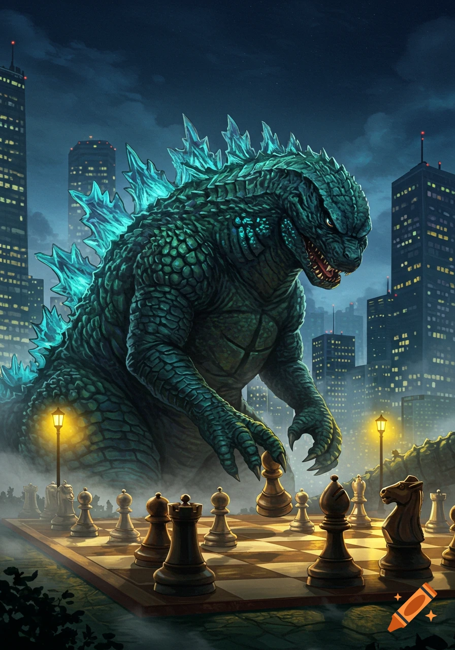 A massive Godzilla playing chess on a giant board in a dark, bustling city at night. Digital painting.