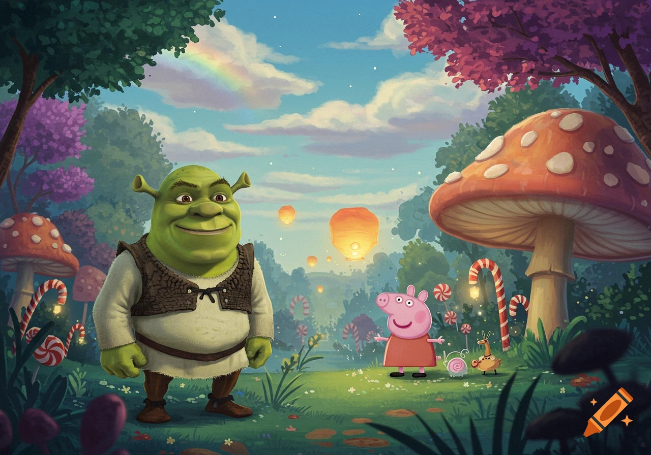 Shrek and Peppa Pig in a whimsical fantasy forest with giant mushrooms, candy canes, lanterns, and a rainbow.