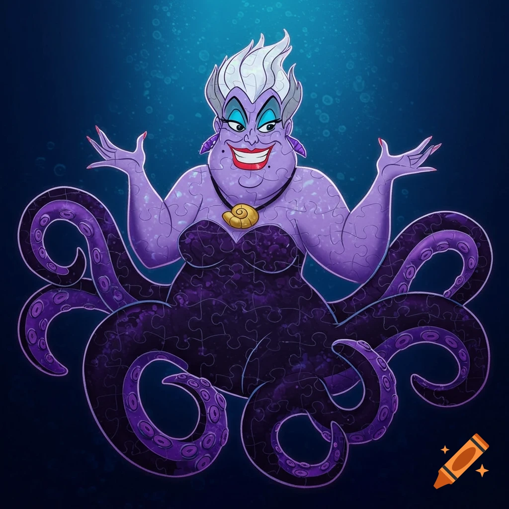 A purple illustration of Ursula from The Little Mermaid, made of jigsaw puzzle pieces, on a dark blue background.