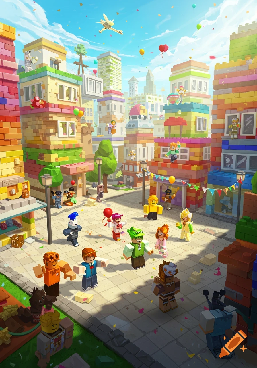 A vibrant, colorful block-art city bustling with many blocky characters in a style reminiscent of Roblox.