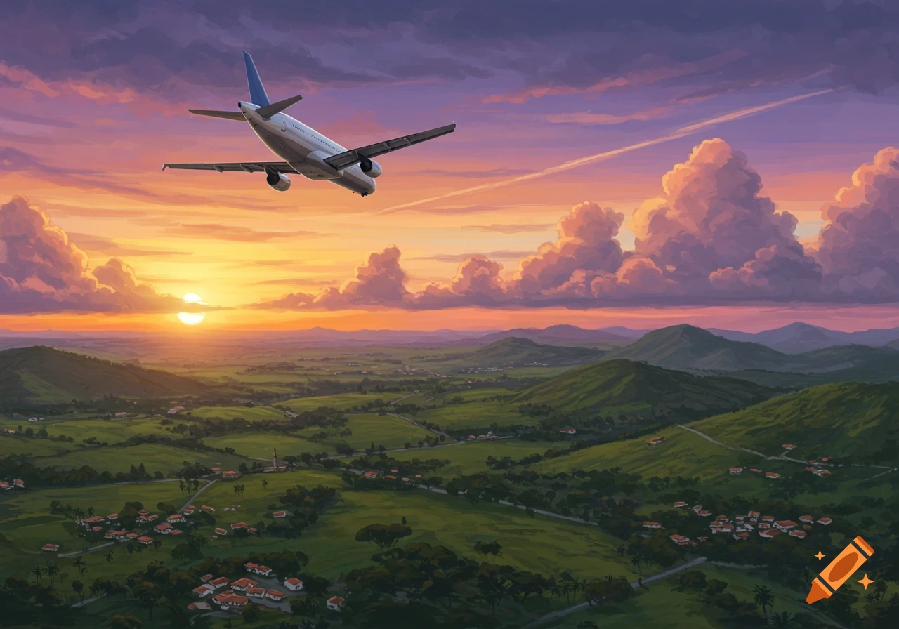 An airplane flies over a lush green valley with villages and mountains at sunset, with colorful clouds in the sky.
