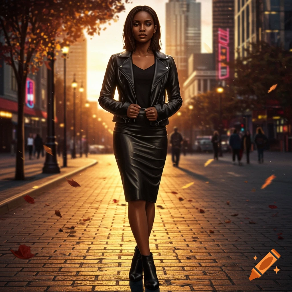 Photorealistic image of a woman in a black leather jacket and pencil skirt walking on a city street with autumn leaves at sunset.