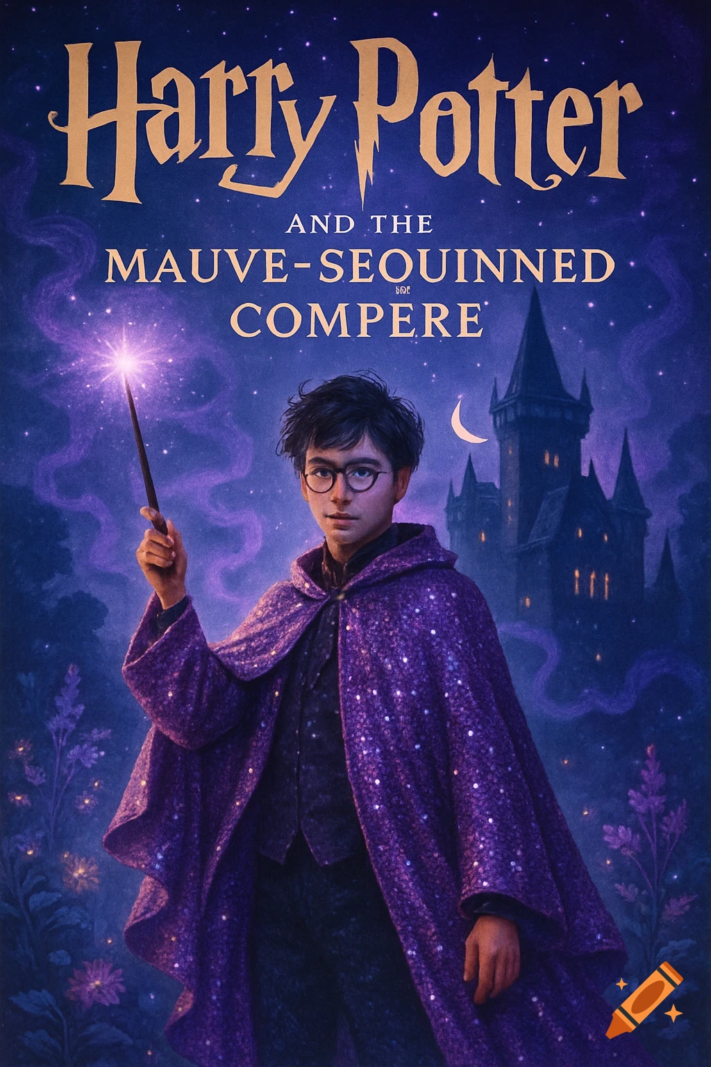An illustration of a young, bespectacled boy in a shimmering purple cloak holding a glowing wand, with a dark castle and starry sky in the background. The text "Harry Potter and the Mauve-Sequinned Compere" is at the top.