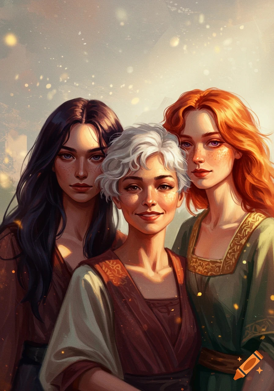 Three women with dark, white, and red hair pose closely, smiling softly in a stylized, sunlit portrait.