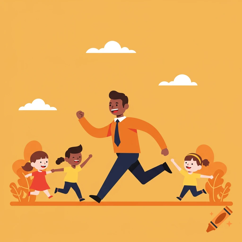 A smiling man in an orange shirt and tie runs with three happy children in a flat illustration style against an orange background with white clouds.