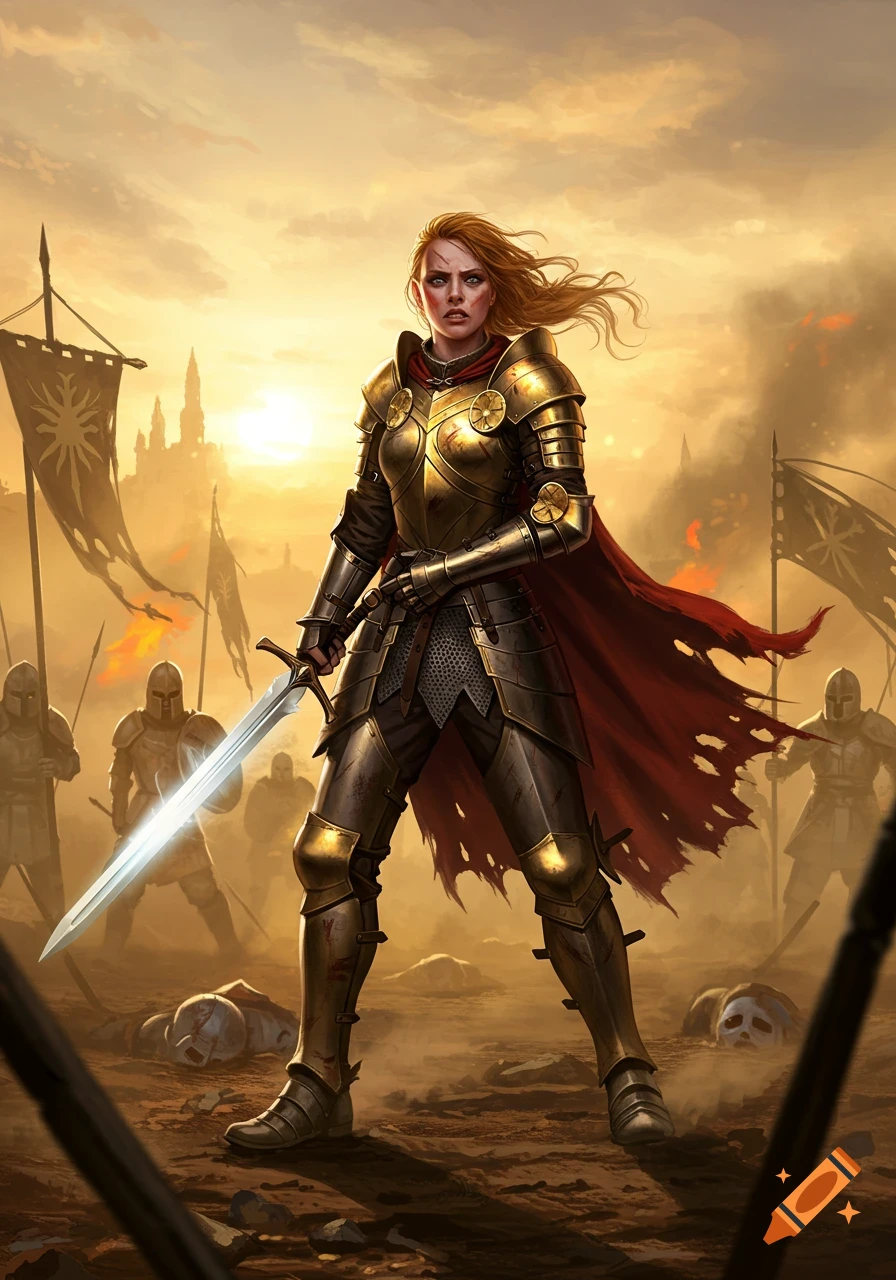 A determined female warrior in golden armor stands on a war-torn battlefield at sunset, holding a glowing sword.