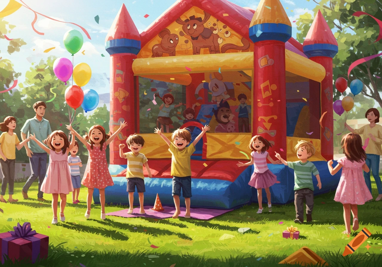 Happy children celebrate at an outdoor birthday party with a bounce house, balloons, and adults in an illustration style.