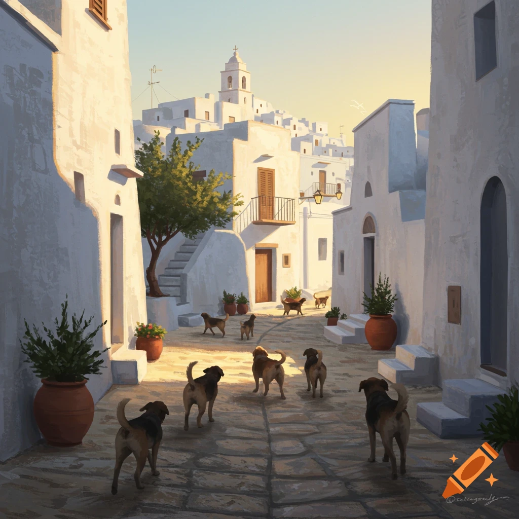A stylized painting of a sunny, white-washed village street with several dogs walking away from the viewer. In the background, white buildings climb a hill towards a church bell tower.