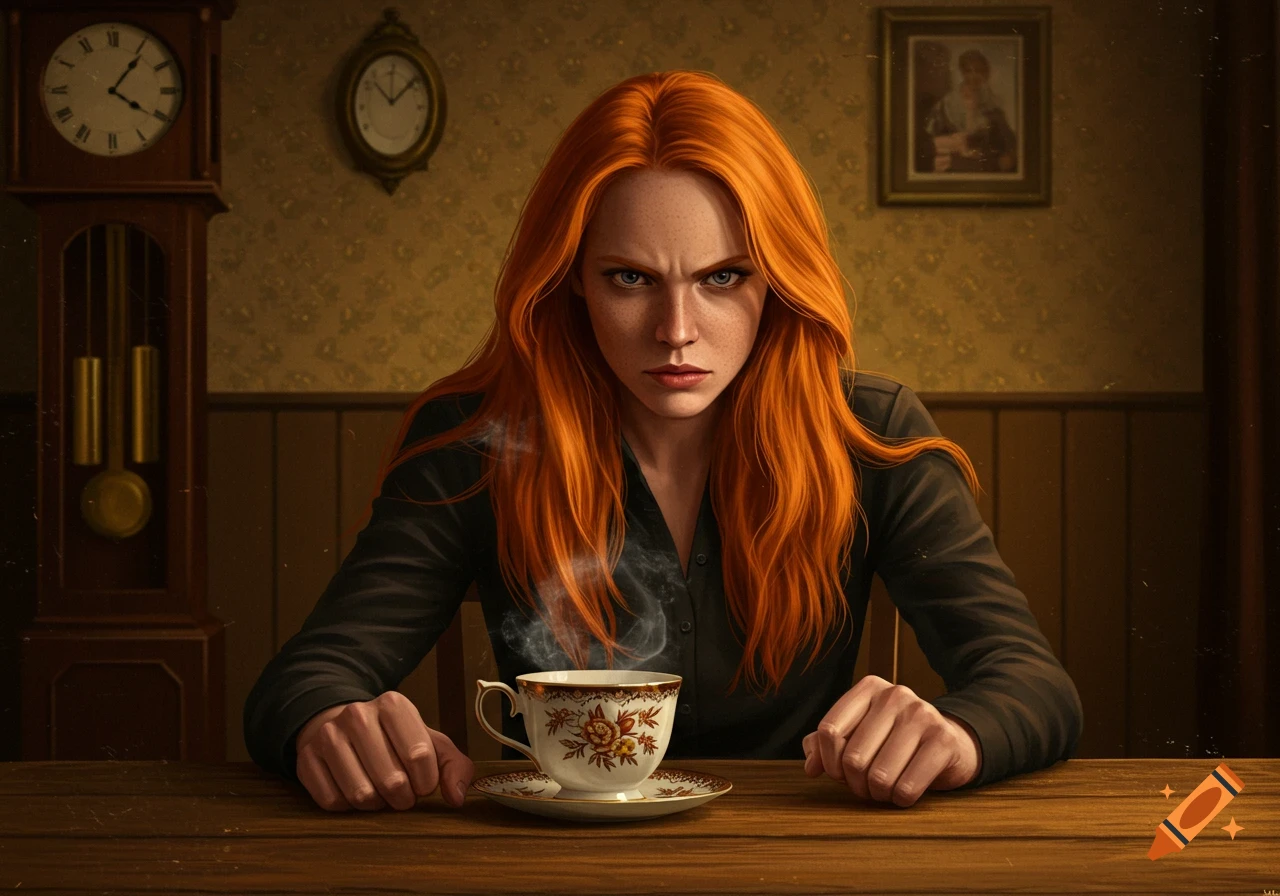 An angry redheaded woman with freckles glares intently at the viewer, seated at a wooden table with a steaming cup of tea.