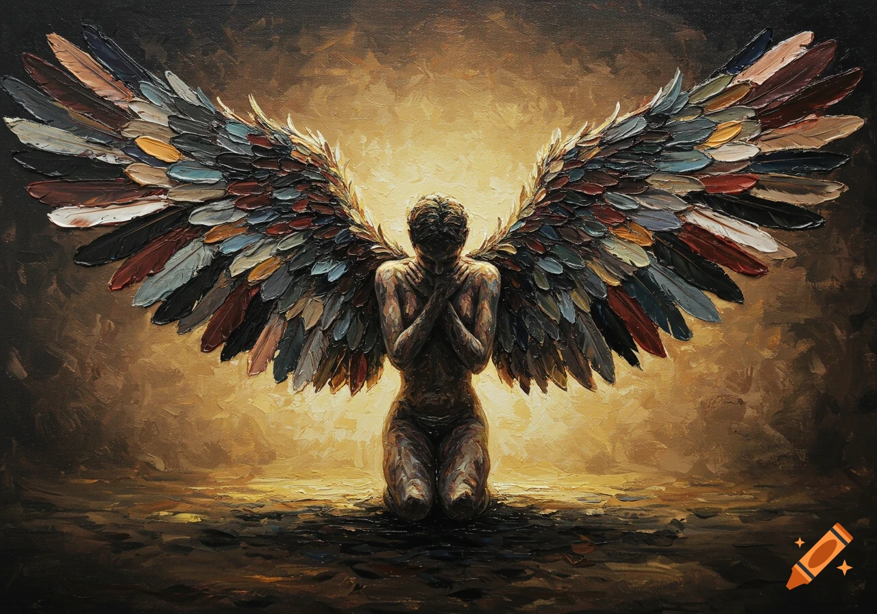 Impasto painting of a kneeling figure with large, thick, colorful feathered wings against a warm, dark background.