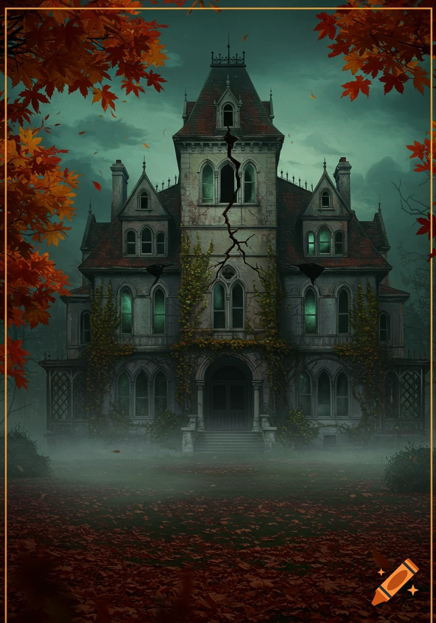 A spooky, dilapidated gothic mansion with a cracked facade, surrounded by autumn leaves and mist on a dark, cloudy day.