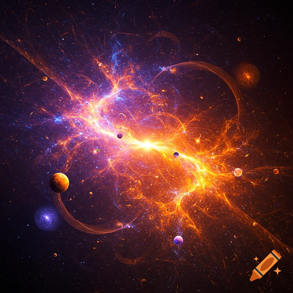 A vibrant, abstract cosmic scene with planets, glowing orange and blue energy swirling against a dark starry background.