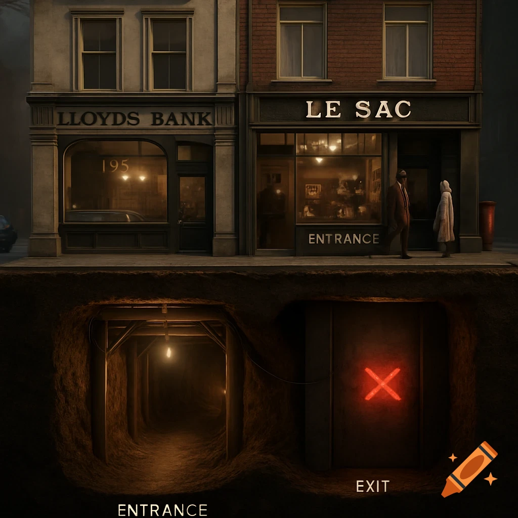 Photorealistic cross-section of a street with Lloyds Bank and Le Sac, showing a narrow, muddy tunnel underground leading to a vault wall.