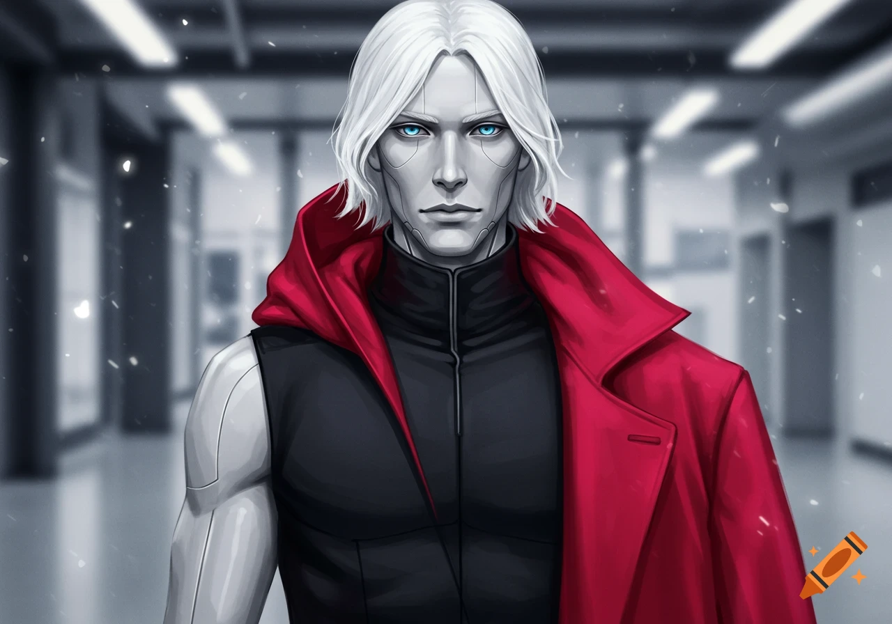 A digital illustration of a male robot with white hair, pale blue eyes, a black vest, and a crimson red hooded coat.