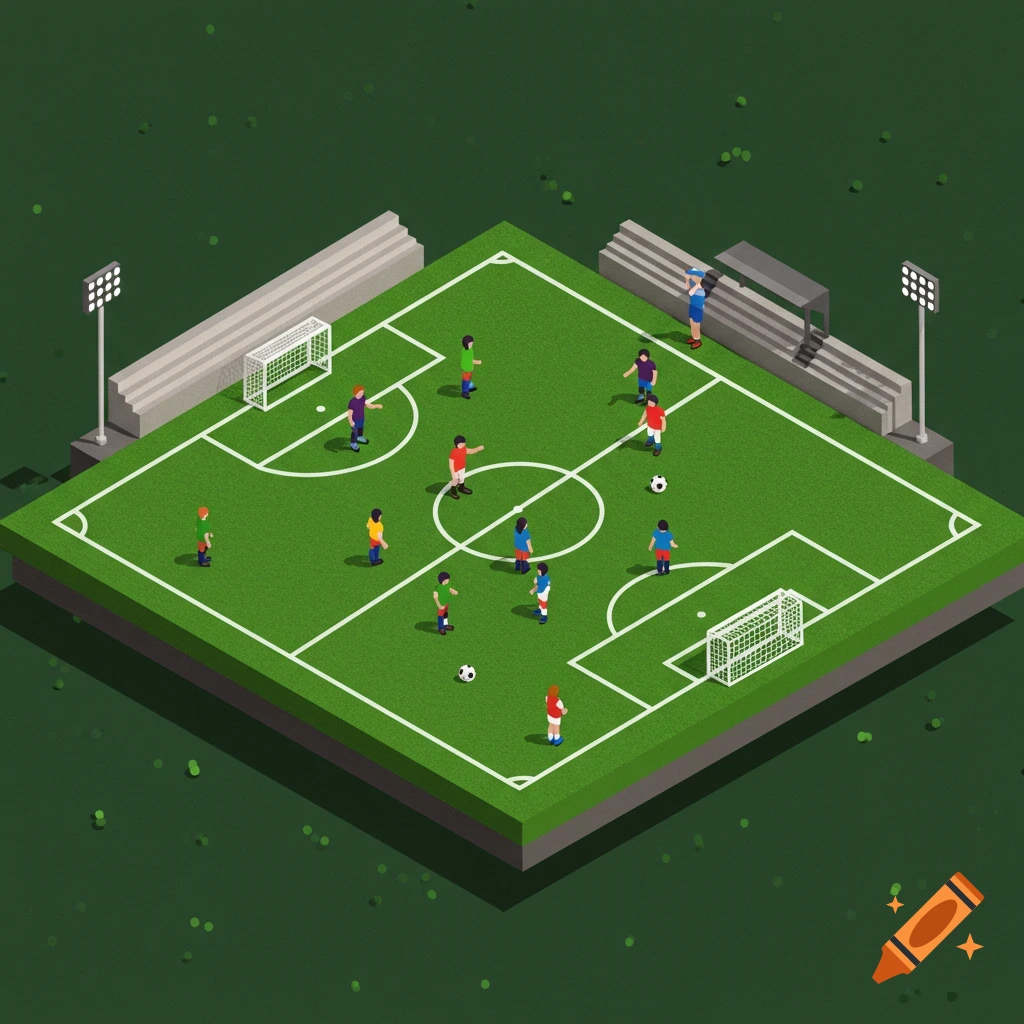 Isometric vector illustration of a football pitch with players, goals, and stadium seating.