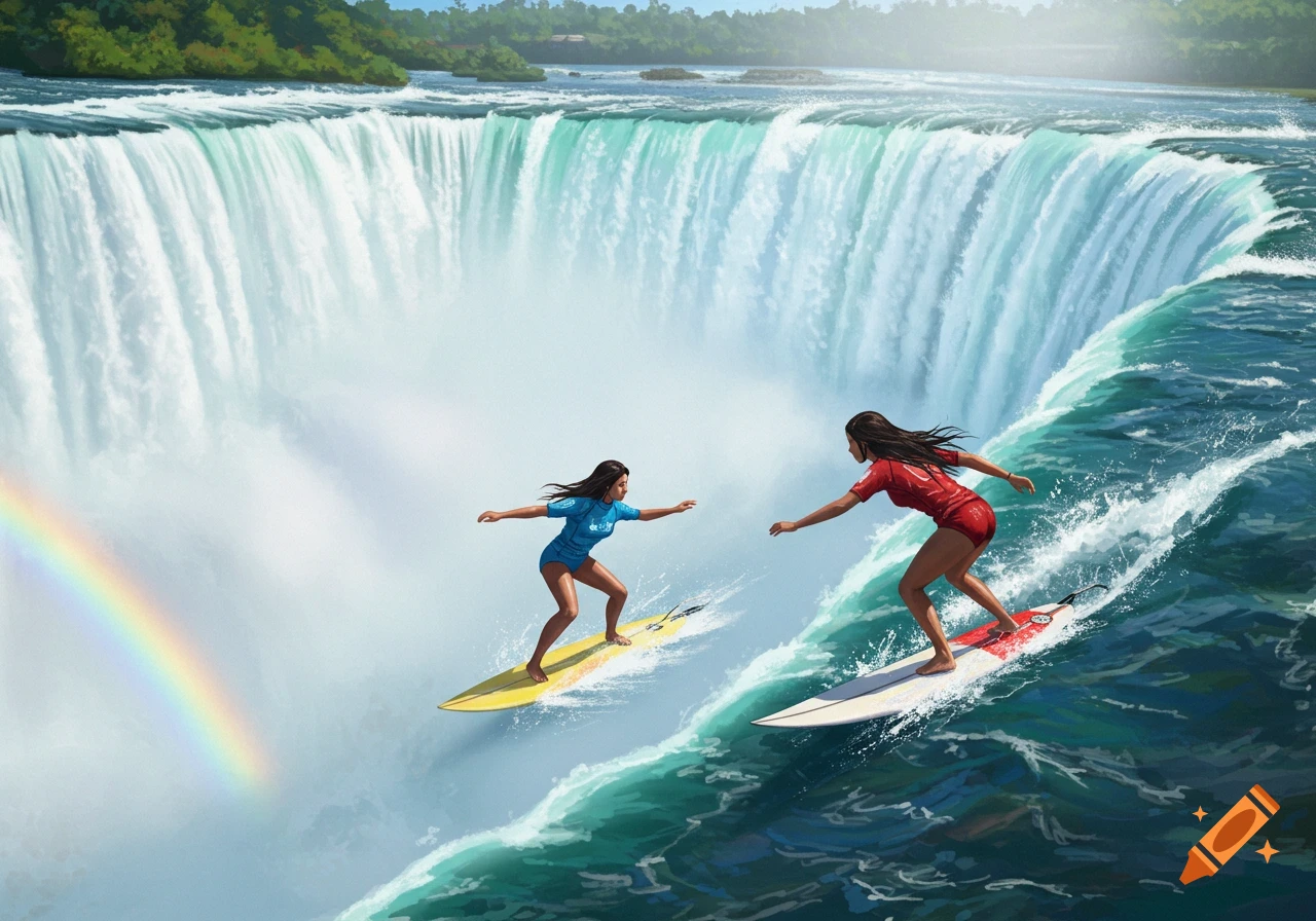 Illustrative image of two women surfing on surfboards near the edge of a massive waterfall with a rainbow.