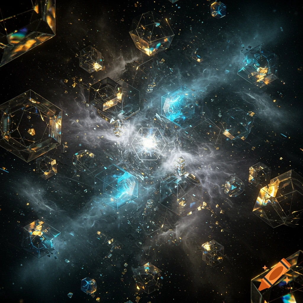 Glowing blue and gold geometric crystals float in dark, star-filled space with cosmic dust and nebulae.
