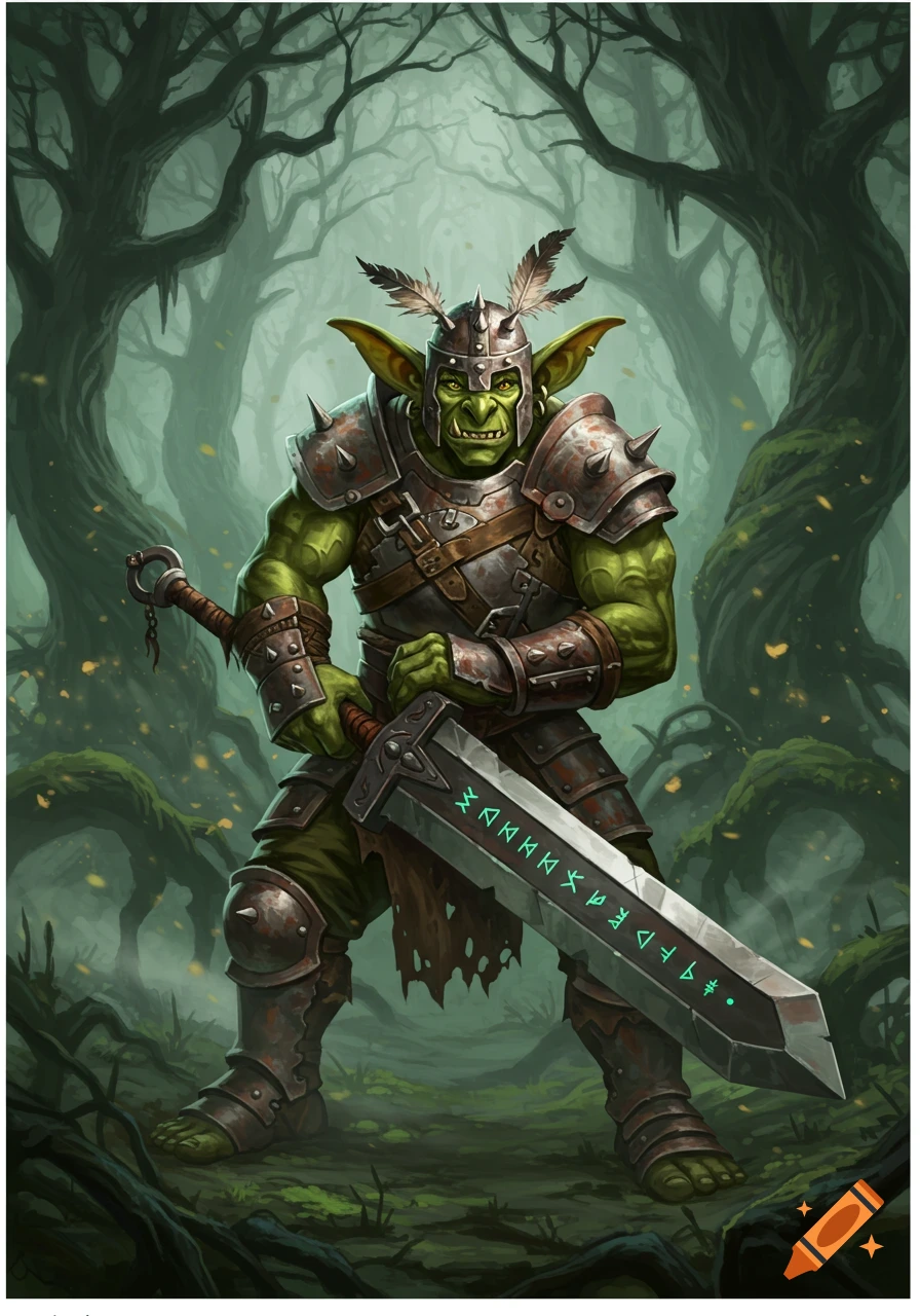 A green-skinned goblin warrior in spiked armor, holding a large sword with glowing runes, stands in a misty, mossy forest.