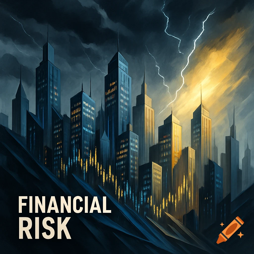 Dramatic digital art of a stormy cityscape with lightning and the text 'FINANCIAL RISK'.