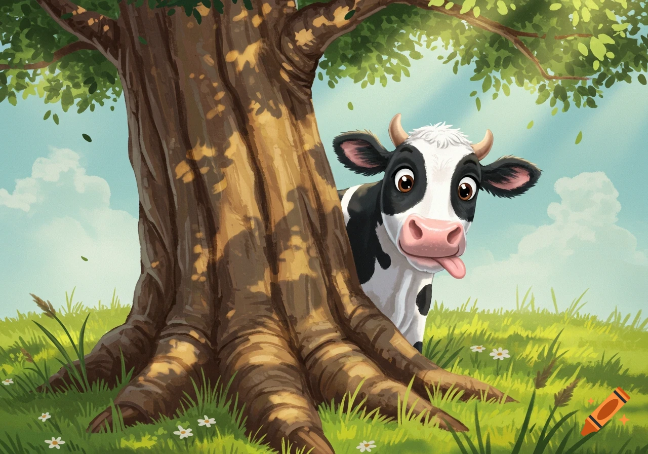 A cartoon black and white cow with big eyes and its tongue out peeks from behind a large tree in a sunny, grassy field.