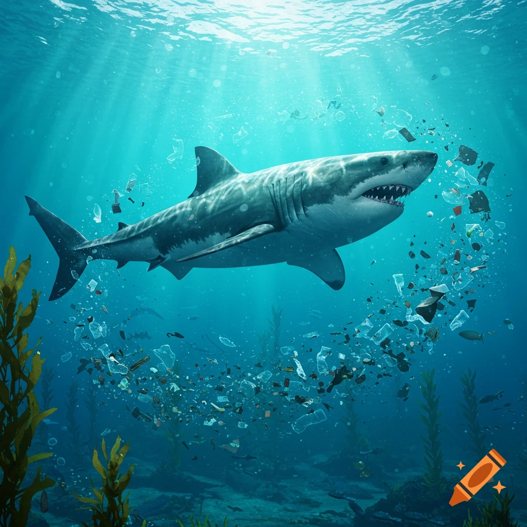 Photorealistic great white shark swims through a vortex of plastic debris in a sunlit ocean.