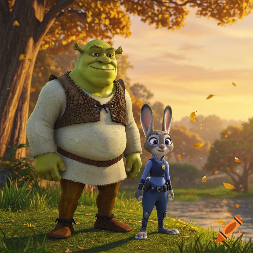 Shrek the green ogre and Judy Hopps the rabbit police officer stand smiling in an autumnal forest with falling golden leaves.