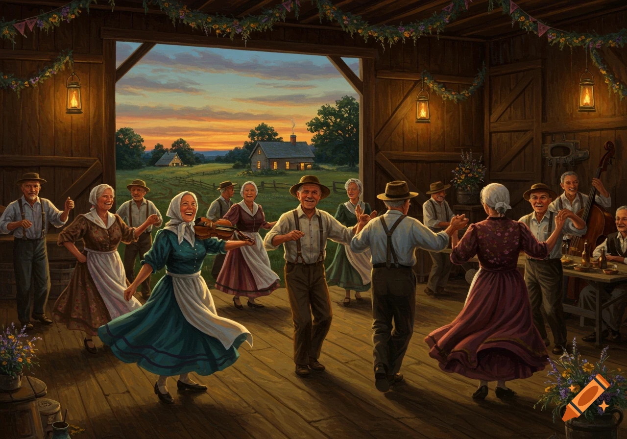 Elderly people dancing and playing music in a rustic barn at sunset, with lanterns and garlands.
