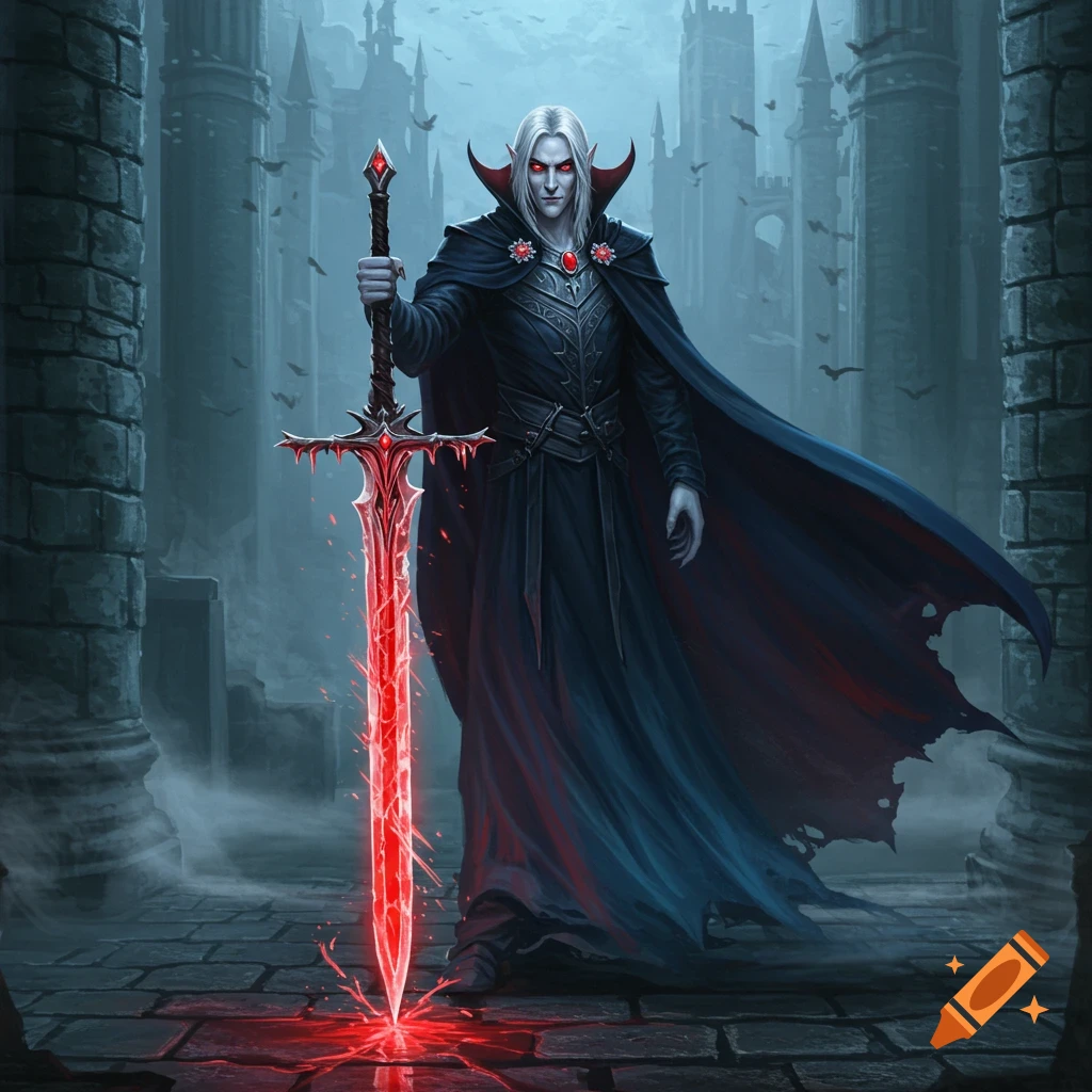 A pale-skinned vampire with red eyes and a dark cape stands in a gothic castle courtyard, holding a glowing red sword.