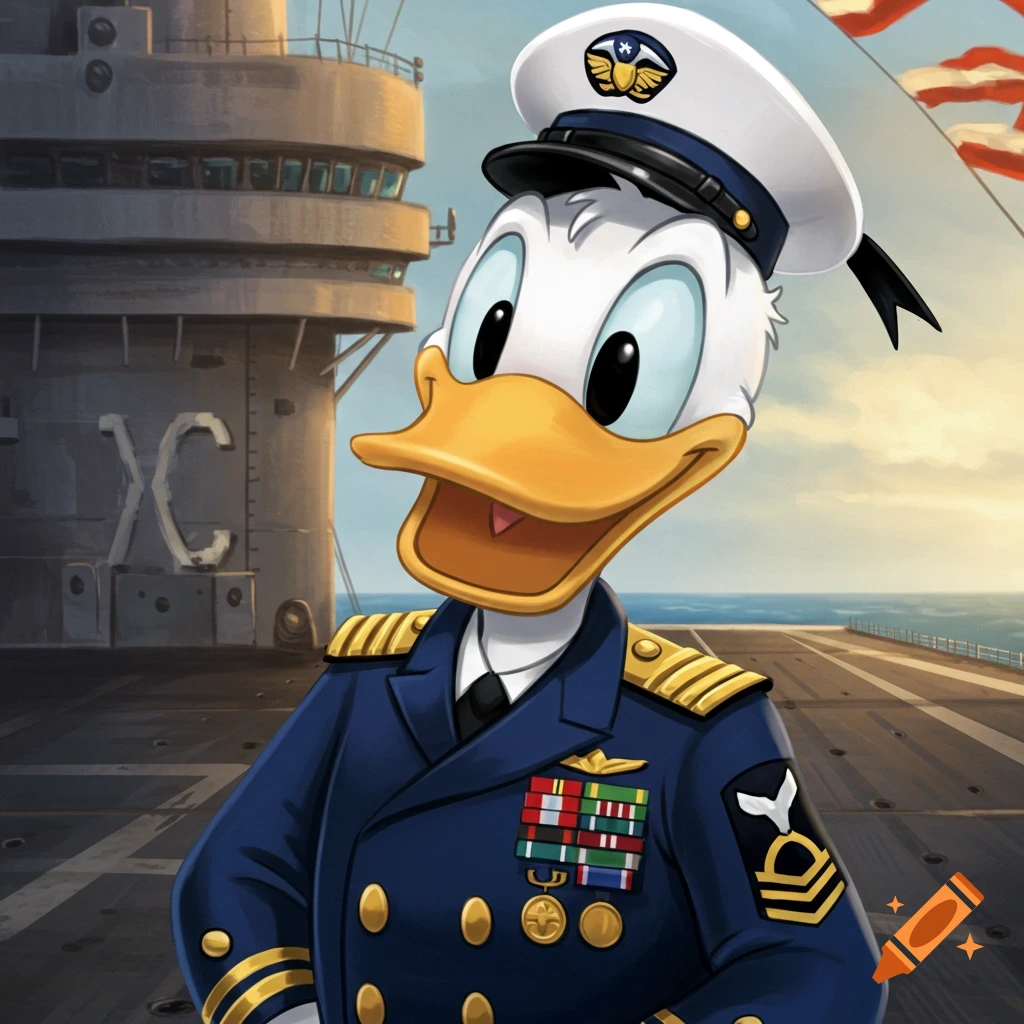 Donald Duck in a US Navy dress blues uniform, standing on an aircraft carrier deck with the ocean in the background.