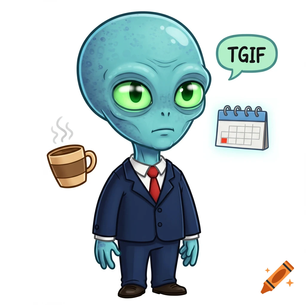 A blue cartoon alien in a suit holds a coffee mug, with a calendar and a speech bubble saying 'TGIF'.