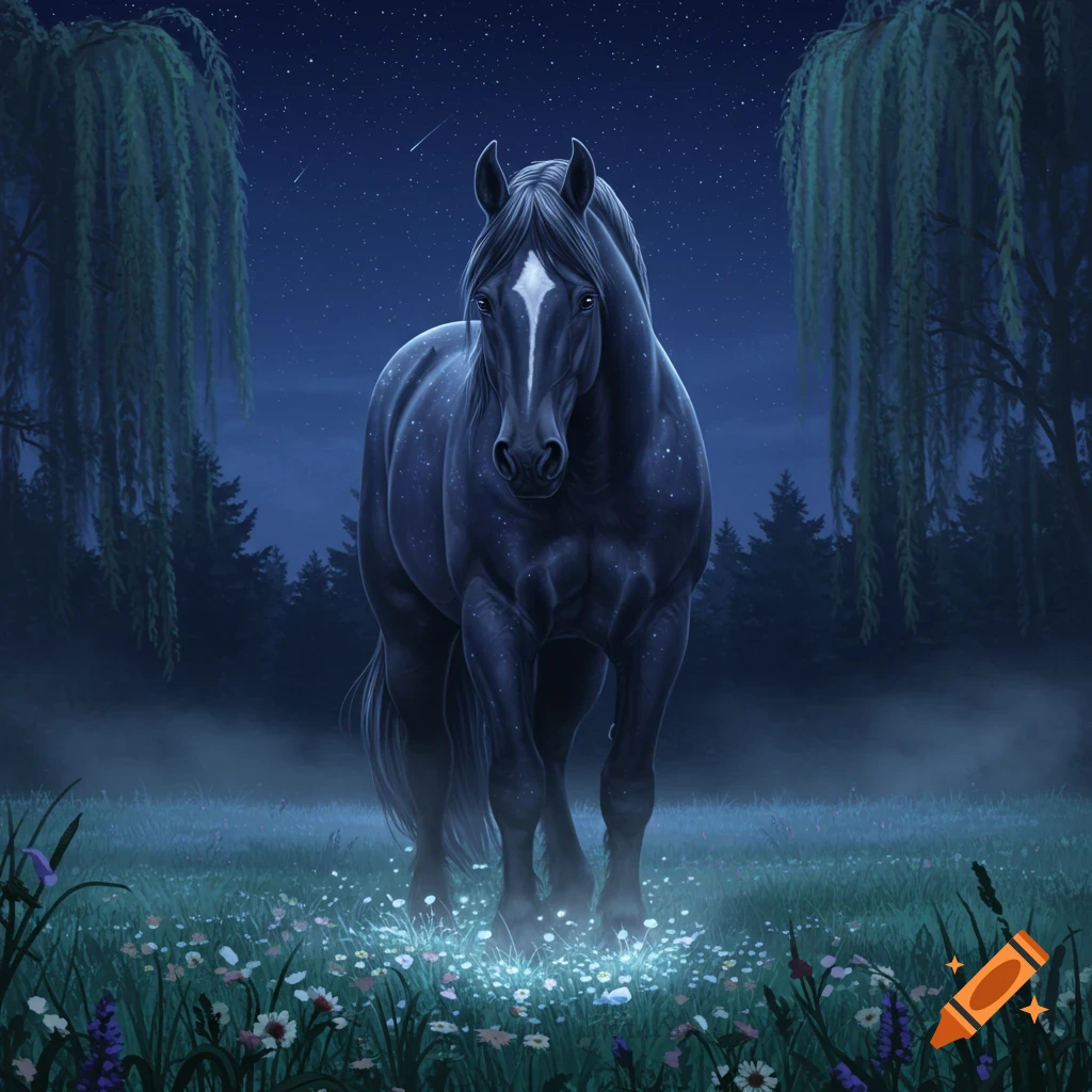 A majestic dark horse with a white blaze stands in a field of glowing flowers under a starry night sky with willow trees.