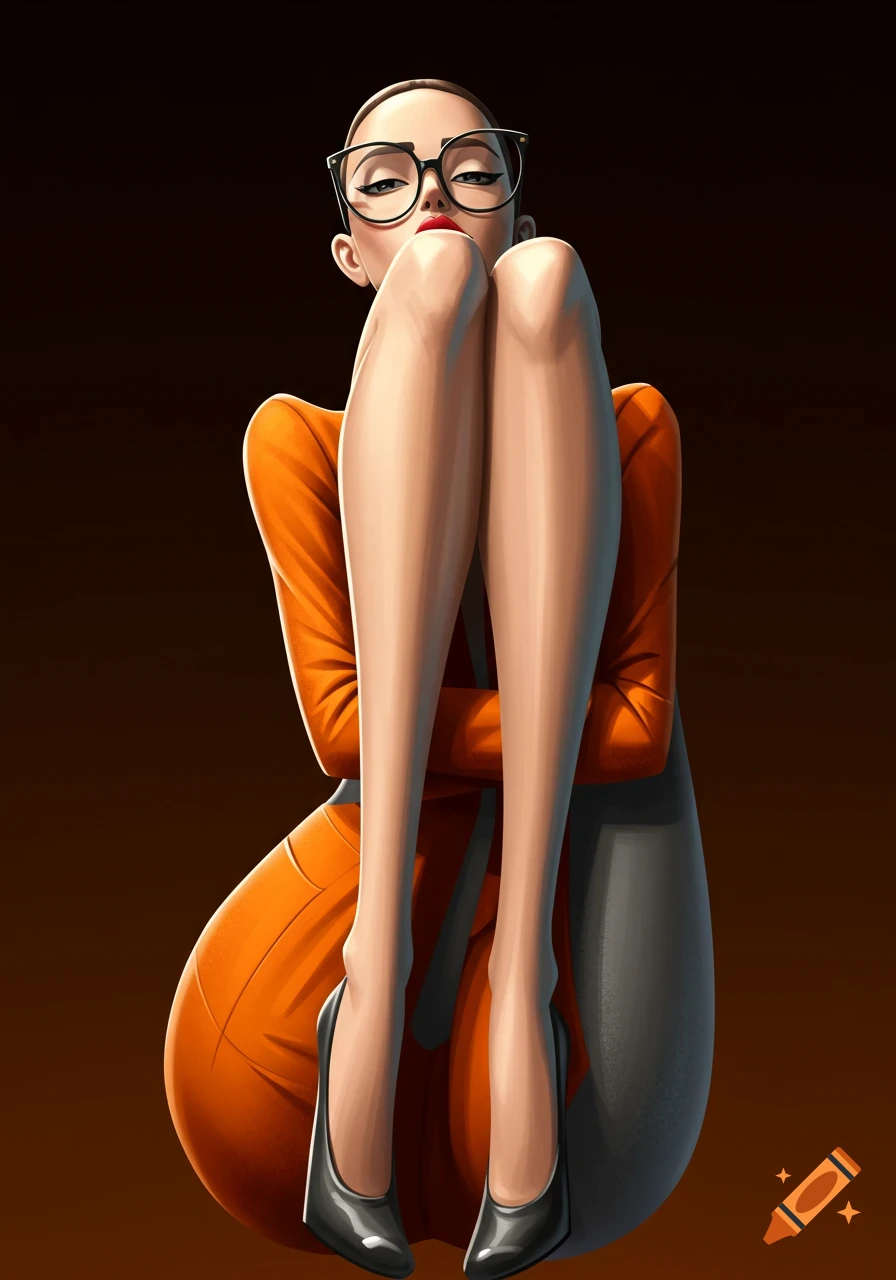 Stylized illustration of a woman in glasses and red lipstick, wearing an orange outfit, sitting with her legs up, against a dark background.