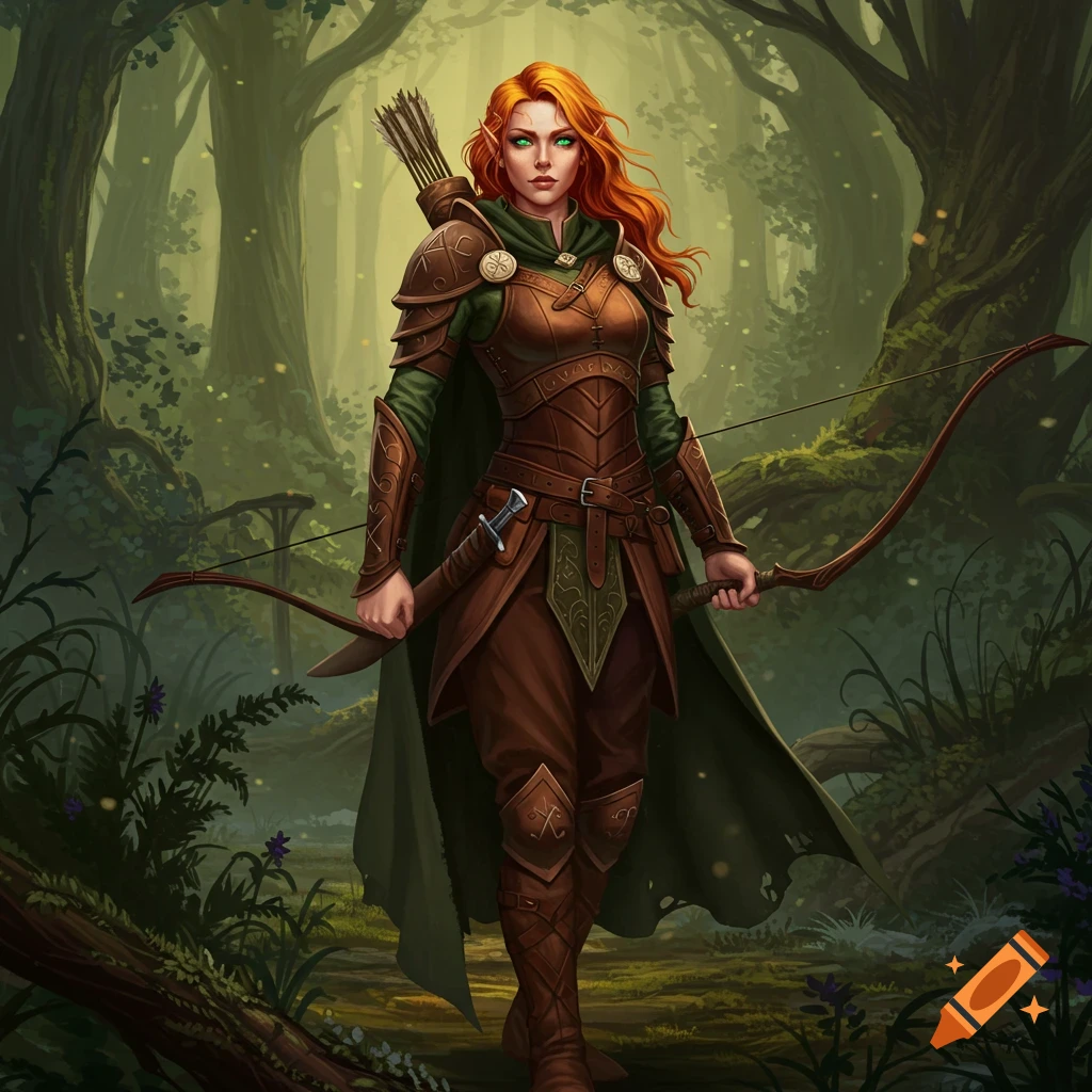 Red-haired female elven warrior with a bow and quiver, wearing leather armor, standing in a lush green forest.