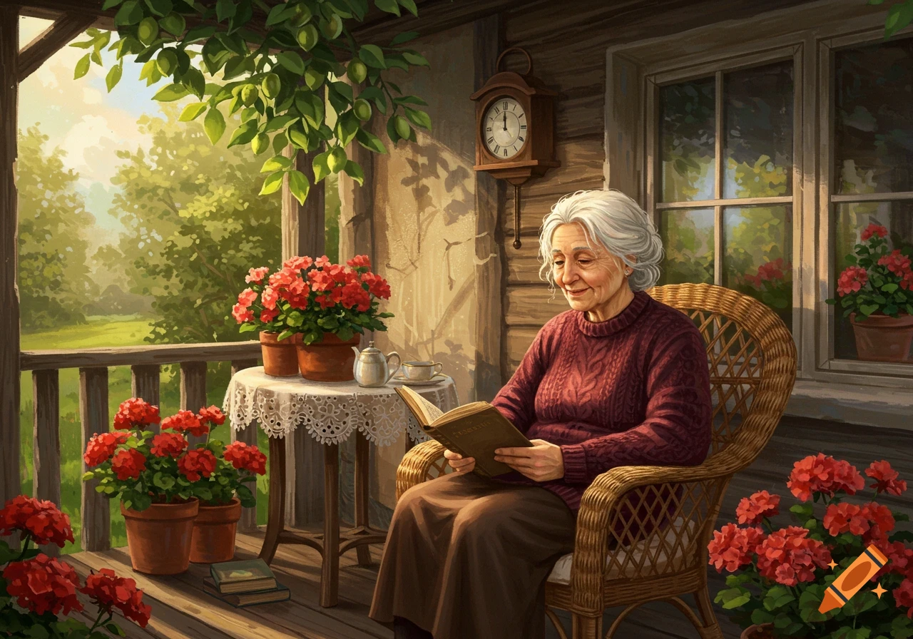 Elderly woman with white hair sitting in a wicker chair on a porch, reading a book. Red geraniums bloom around her, and a grandfather clock hangs on the wooden wall. Stylized painting.