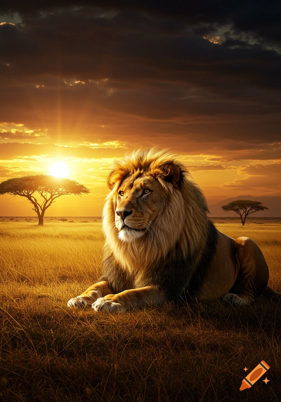 Photorealistic depiction of a majestic lion lying in a golden savanna at sunset with acacia trees.