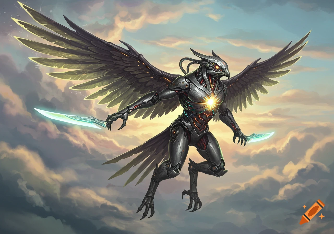 A majestic biomechanical falcon, glowing with energy, flies through a cloudy sky, holding two radiant swords.