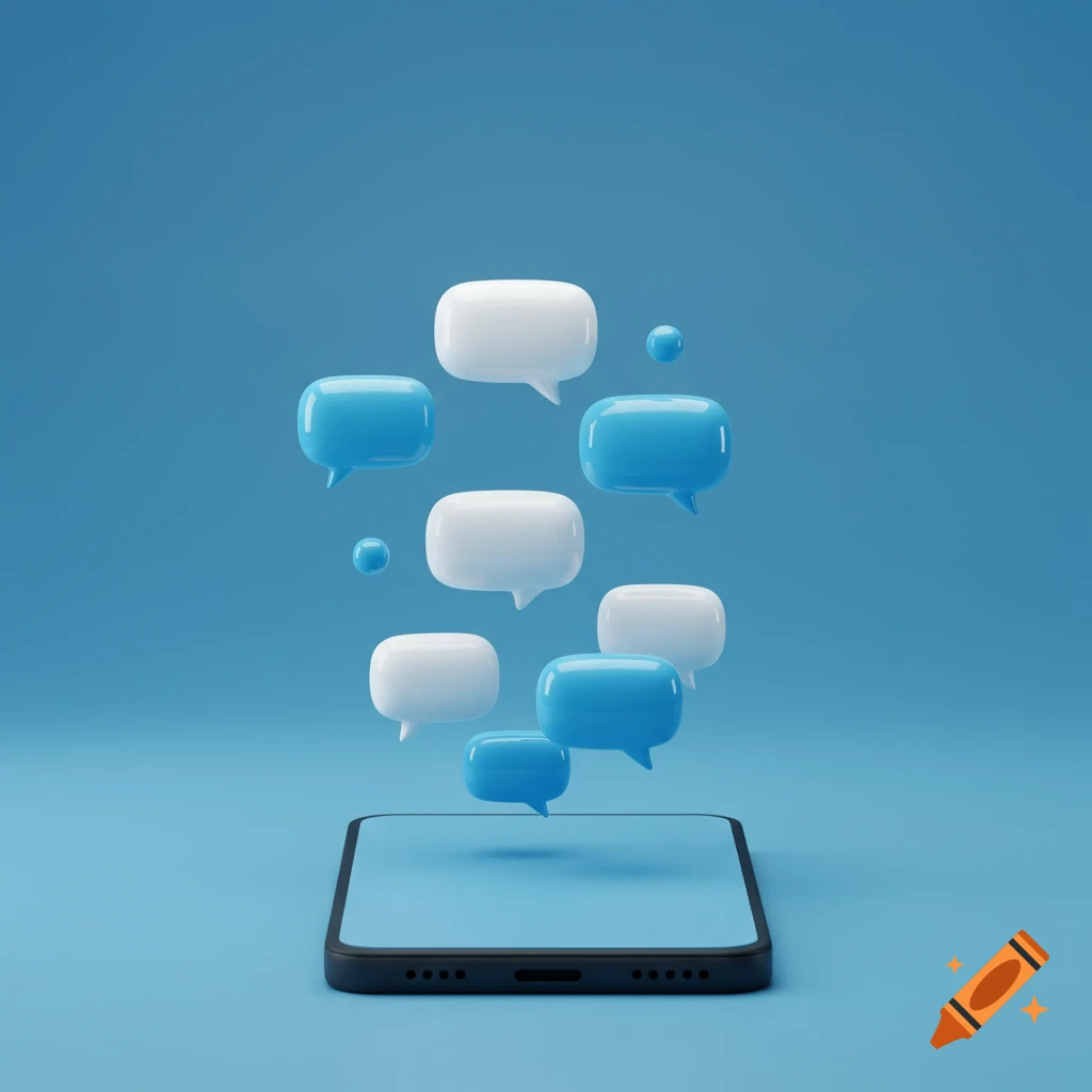 A modern smartphone with blue and white 3D chat bubbles floating above its screen on a gradient blue background, 3D render.