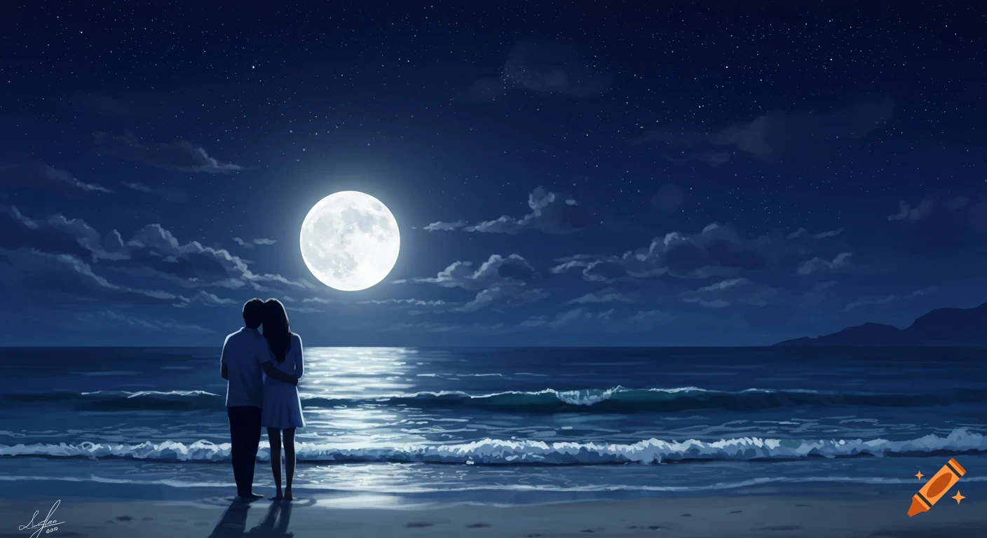 Romantic illustration of a couple embracing on a moonlit beach under a full moon with soft ocean waves.
