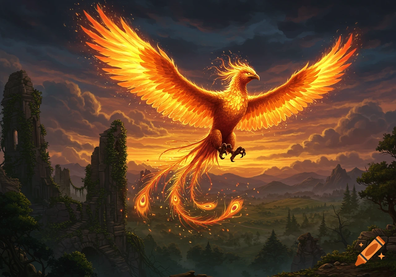 A majestic fiery phoenix with outstretched golden wings flies over ancient ruins and a lush valley at sunset.